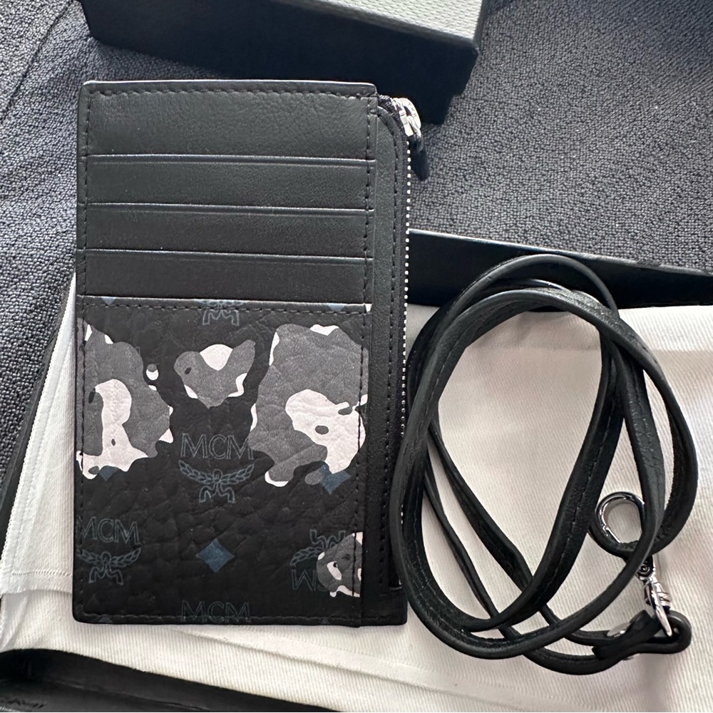 MCM Black and Gray Camouflage Logo Card Holder with Strap
